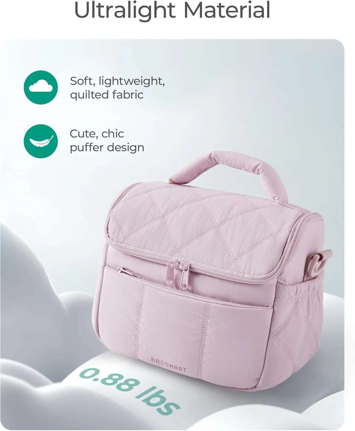 BAGSMART Insulated Lunch Bags for Women, Cute Quilted Lunch Box, Lightweight Puffy Padded Waterproof Lunch Tote, Reusable Lunch Cooler for Work Picnic Travel, Pink