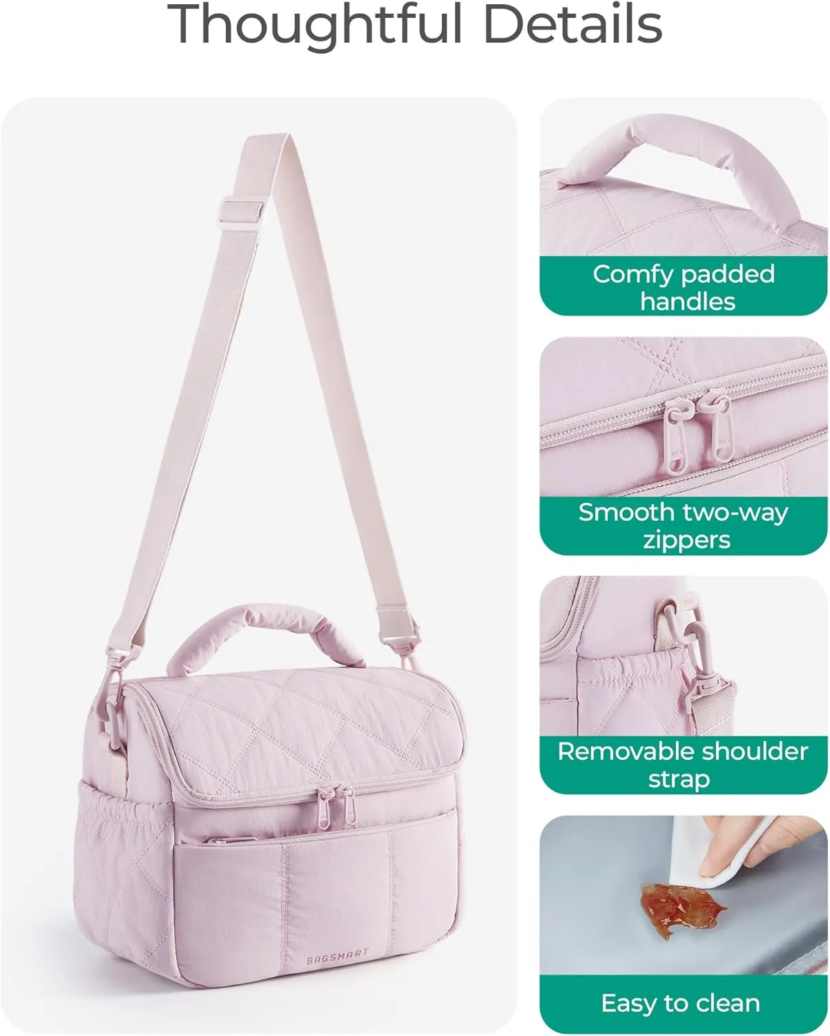 BAGSMART Insulated Lunch Bags for Women, Cute Quilted Lunch Box, Lightweight Puffy Padded Waterproof Lunch Tote, Reusable Lunch Cooler for Work Picnic Travel, Pink