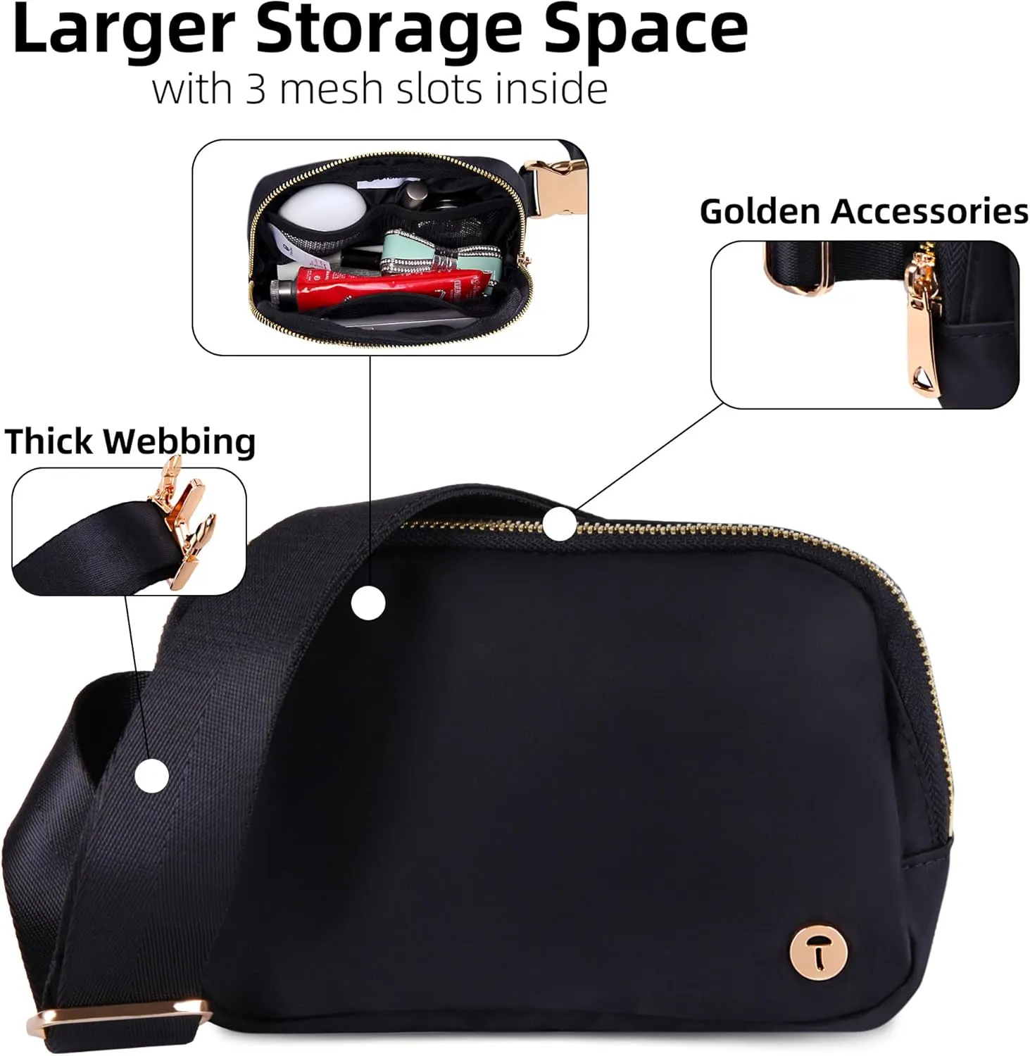 Belt Bag For Women Men Fanny Pack Crossbody Bag Fashionable Waist Packs Adjustable Strap Waterproof For Travel Walking Running Hiking Black Gold