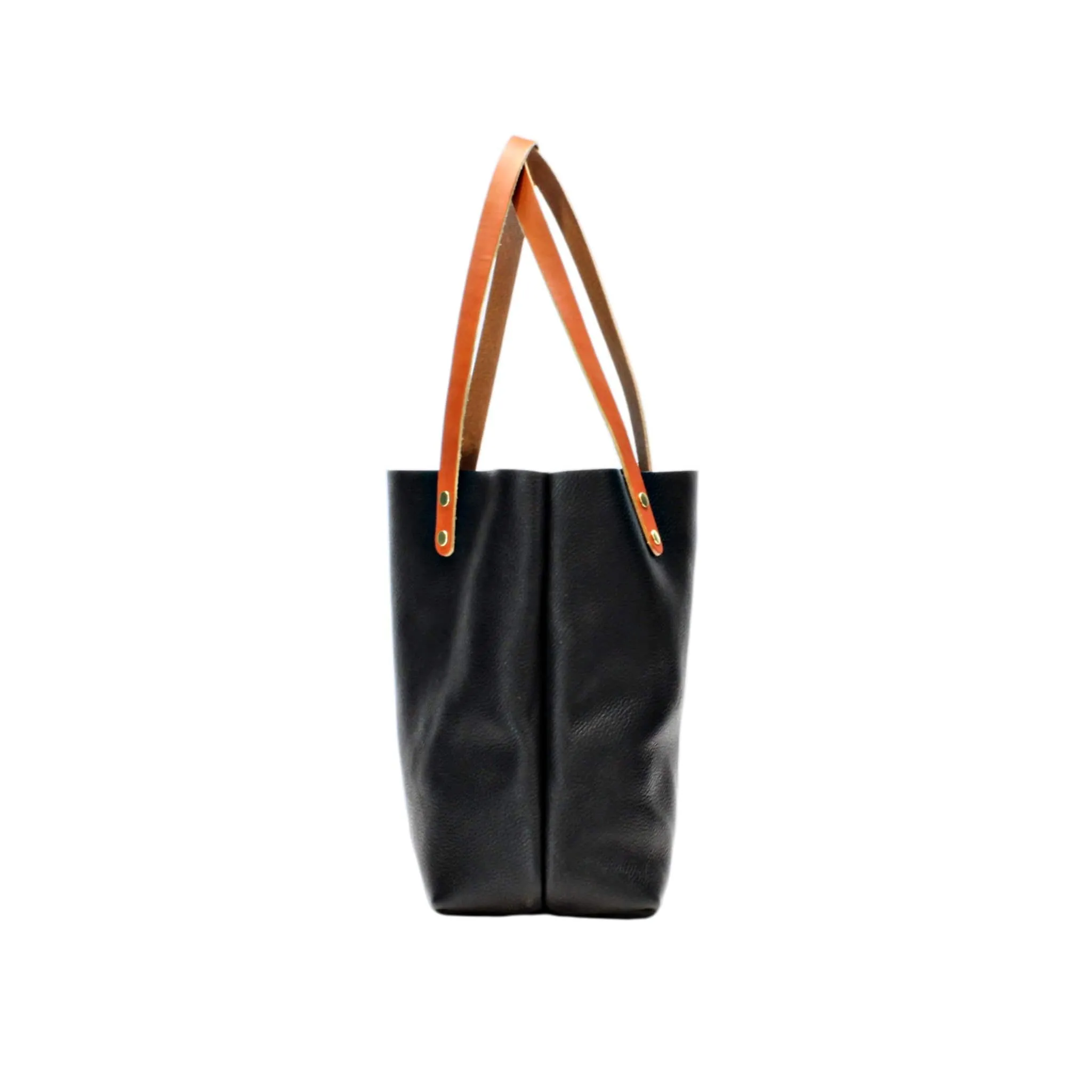 Black Leather Tote with Tan Handles