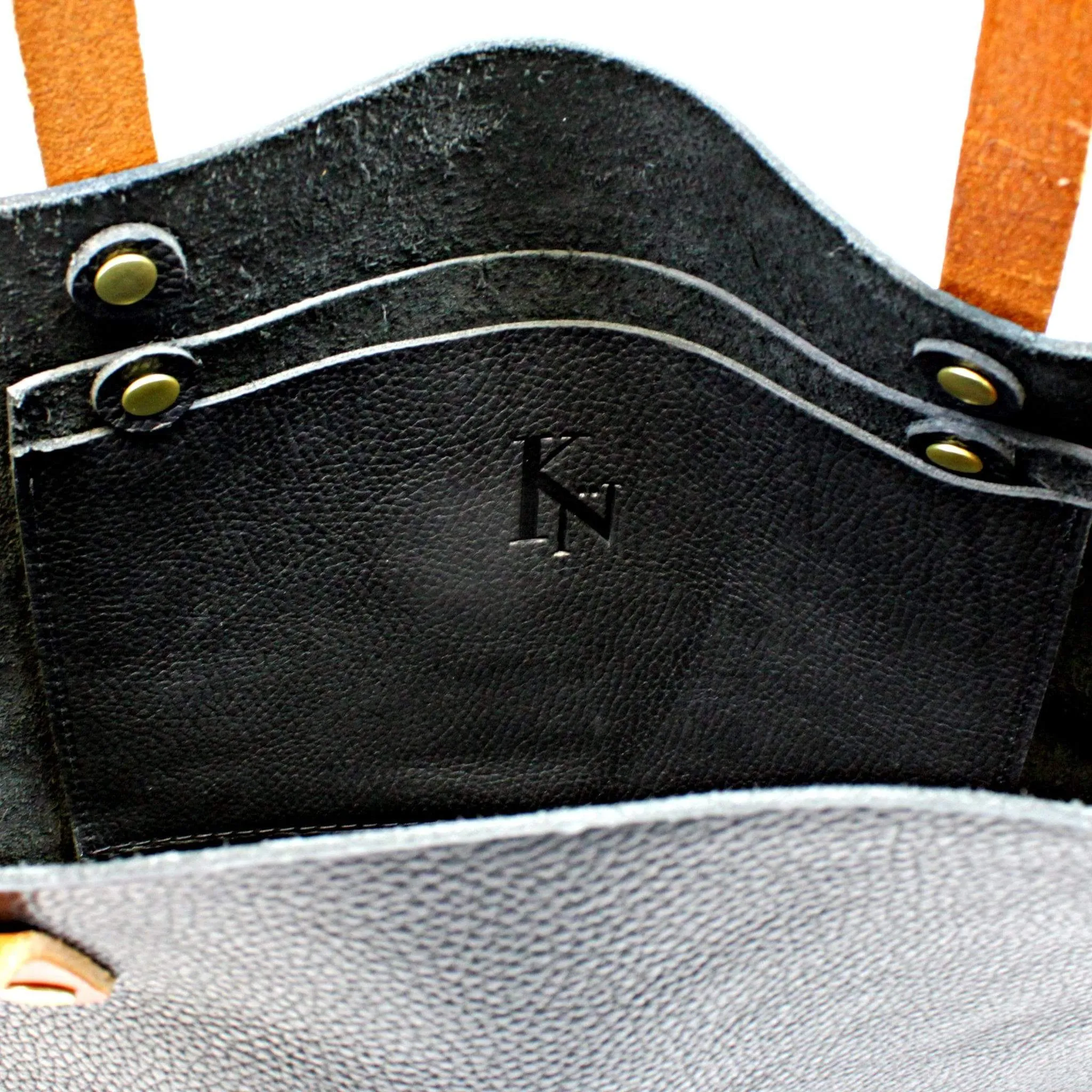 Black Leather Tote with Tan Handles