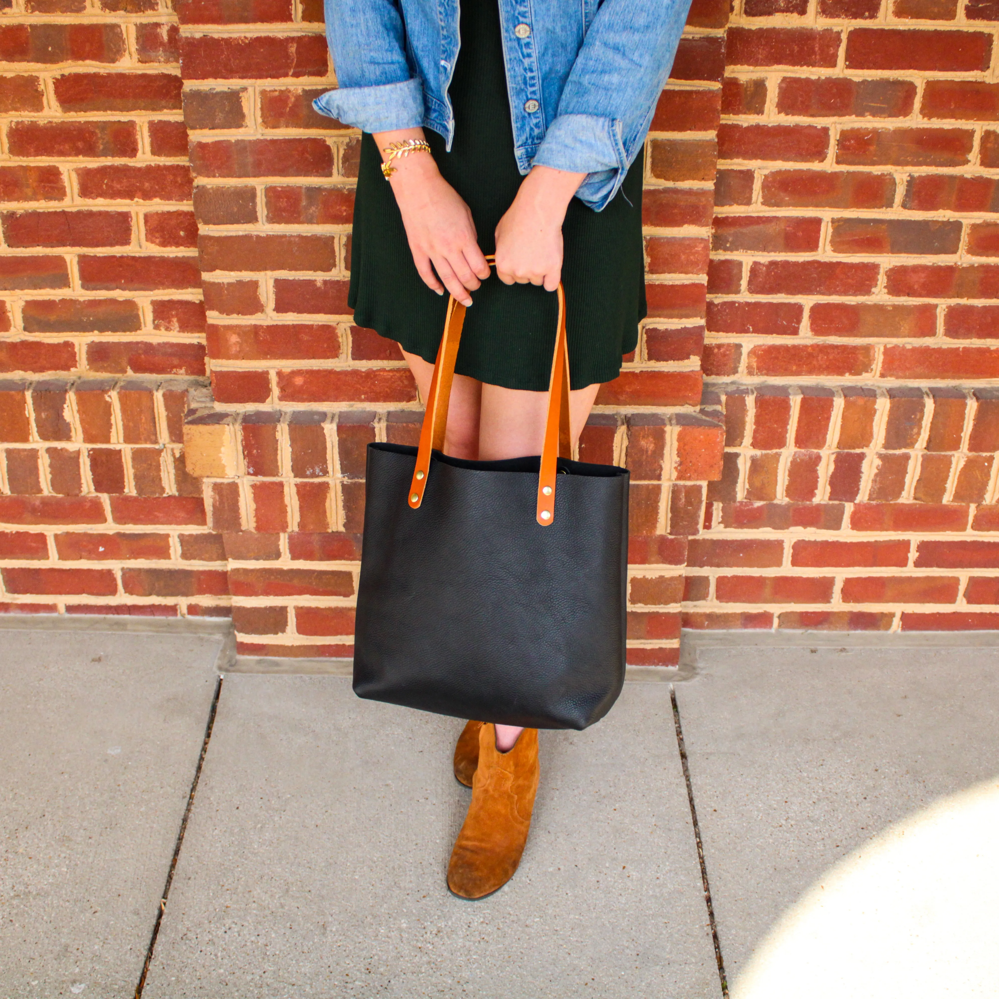 Black Leather Tote with Tan Handles