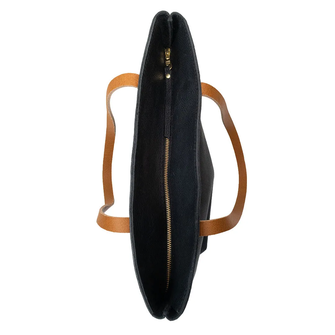 Black Leather Tote with Tan Handles