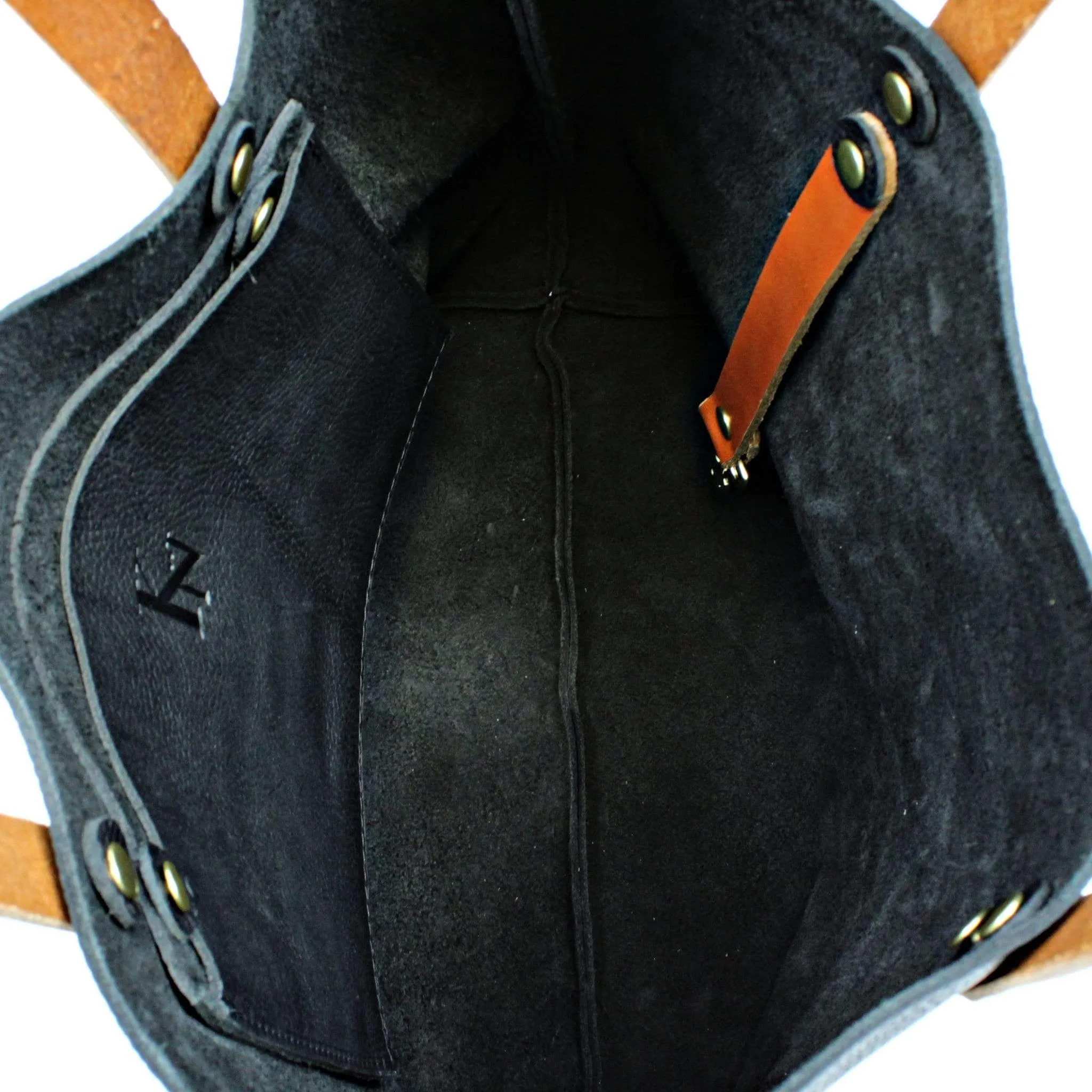 Black Leather Tote with Tan Handles