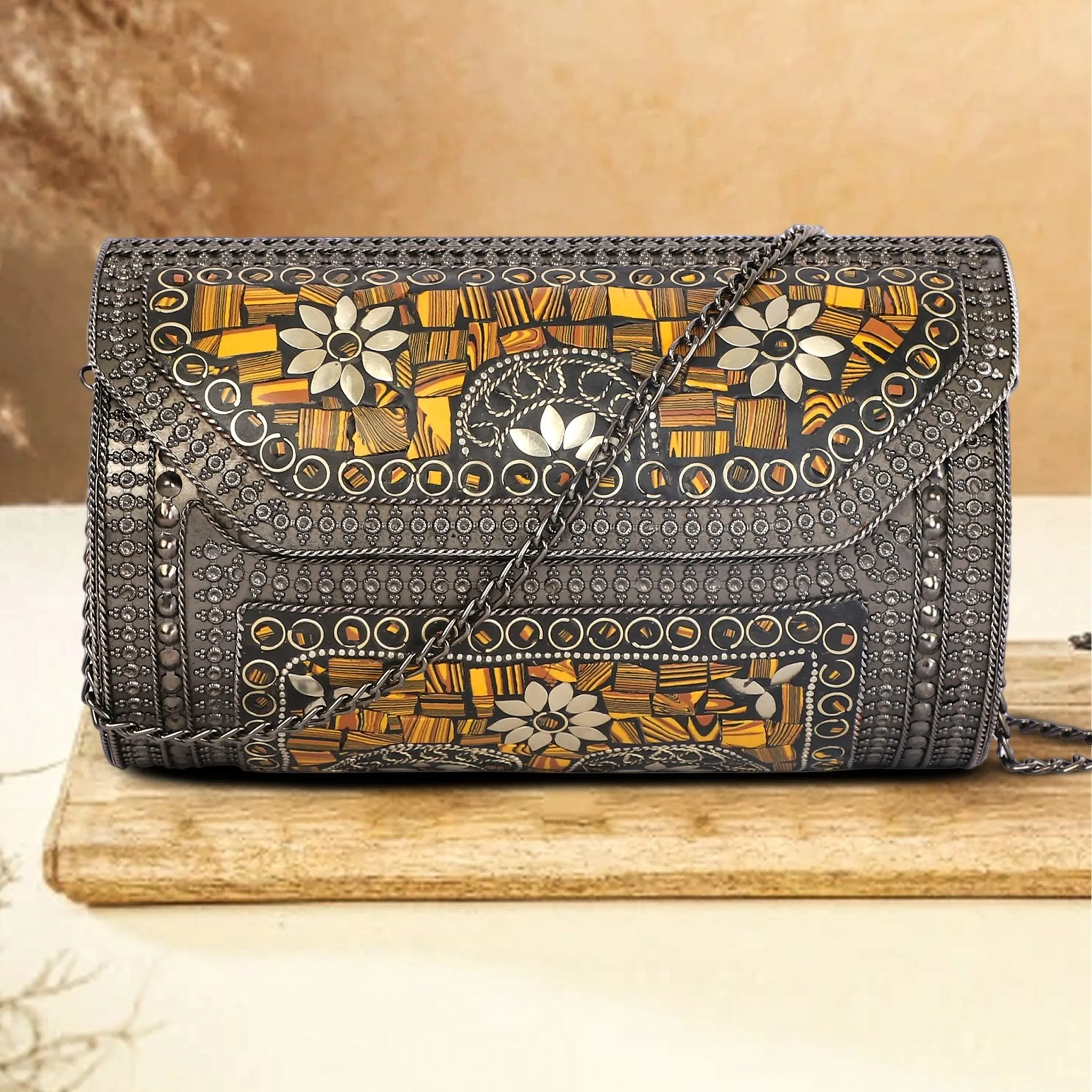 Bohemian Papillon Metal Clutch | Grey