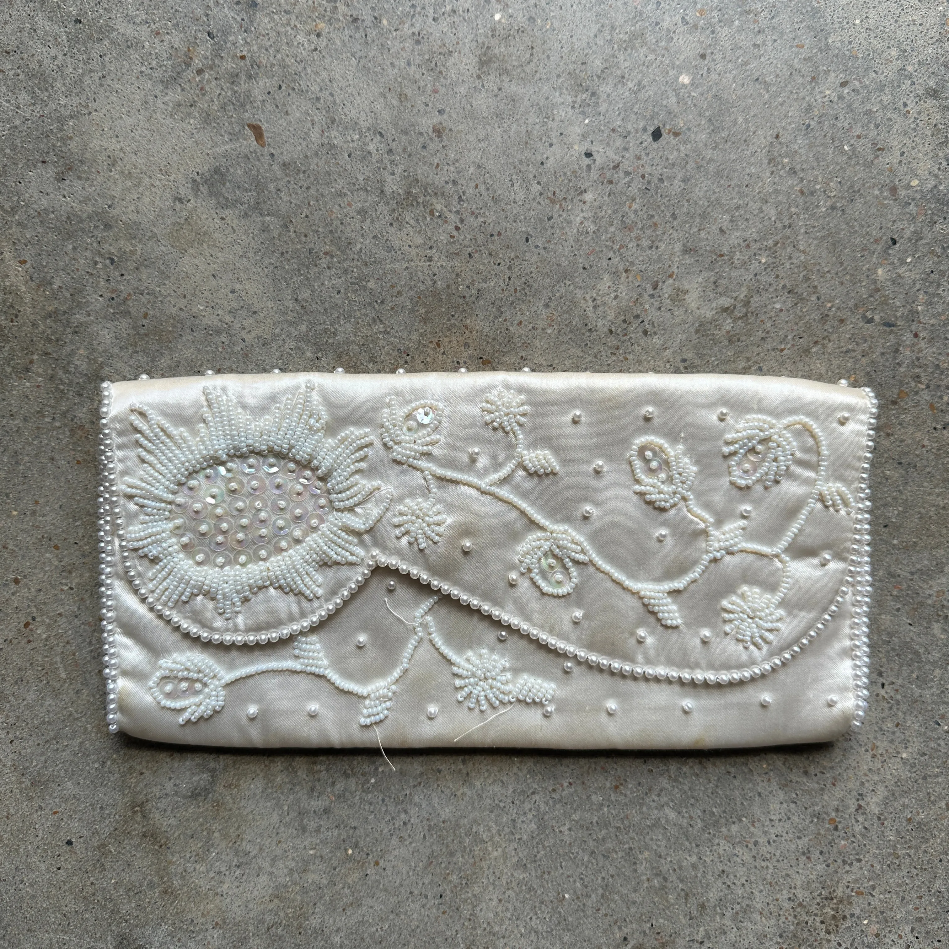 “Bon Soir” White beaded silk clutch