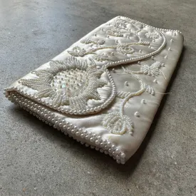 “Bon Soir” White beaded silk clutch