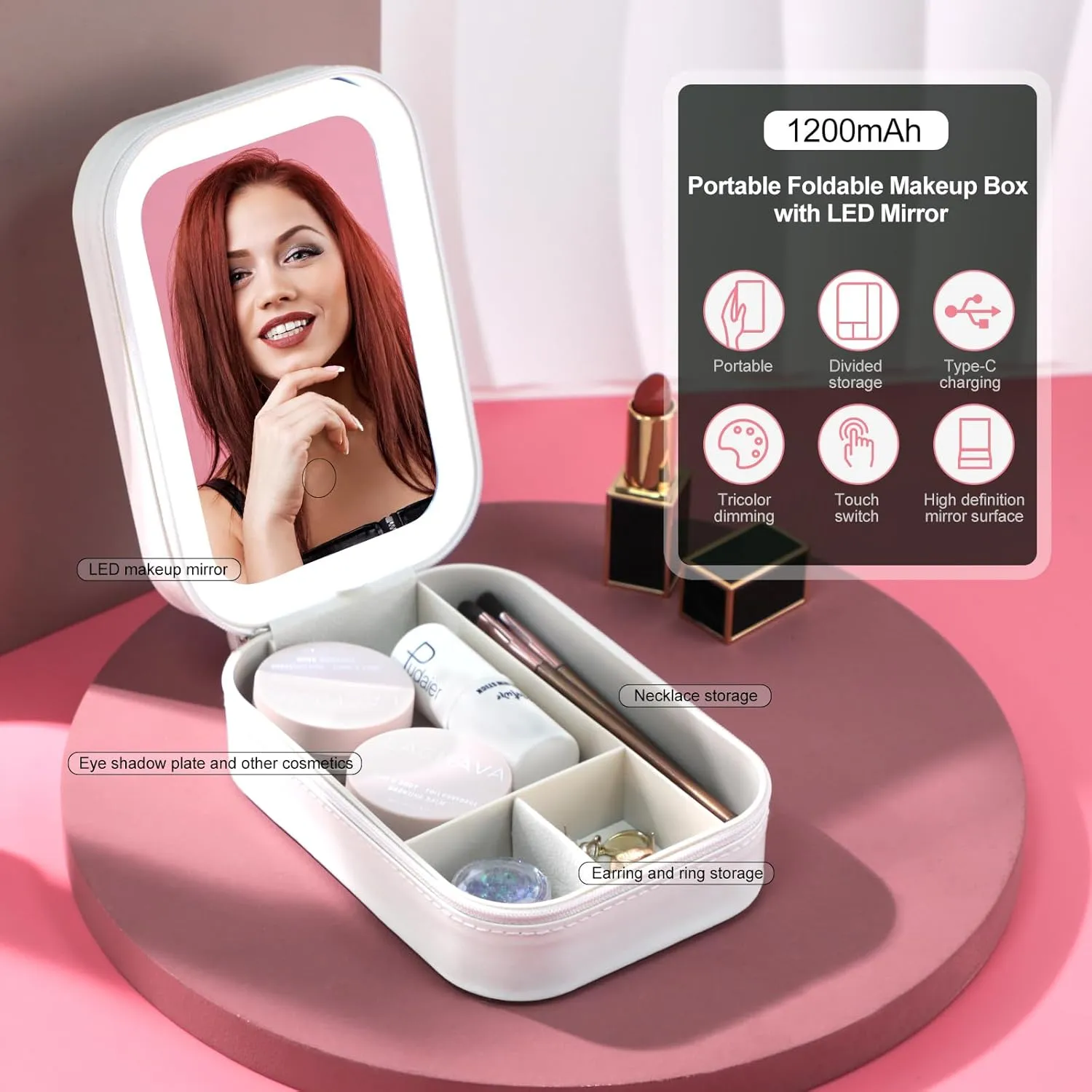 BS-MALL Travel Cosmetic Mirror Case LED Makeup Mirror Storage Case for Eyelash station Brushes Cosmetic Tools Pink On-the-go Makeup Needs (White)