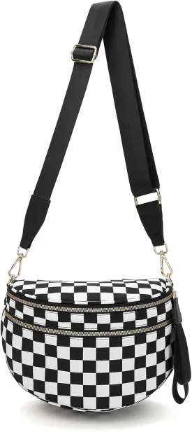 Checkered Black and White Crossbody Bag for Women, Belt Bag Fanny Pack witn Adjustable Shoulder Strap (Black and White Checkered)