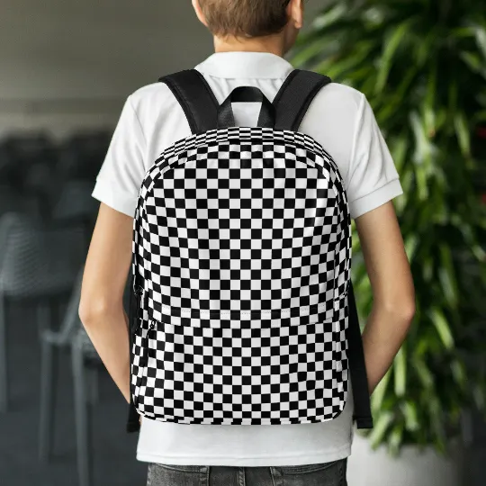 Checkered Canvas Backpack, Black White Racing Flag Check 15" Laptop Men Women Kids Gift Him Her College Waterproof Pockets Aesthetic Bag