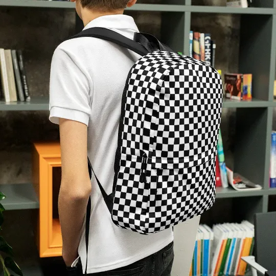 Checkered Canvas Backpack, Black White Racing Flag Check 15" Laptop Men Women Kids Gift Him Her College Waterproof Pockets Aesthetic Bag