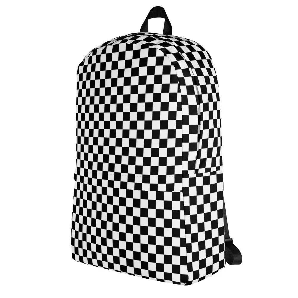Checkered Canvas Backpack, Black White Racing Flag Check 15" Laptop Men Women Kids Gift Him Her College Waterproof Pockets Aesthetic Bag