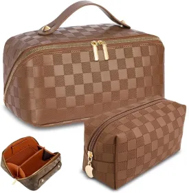Checkered Travel Makeup Bags Cosmetic Organizer Bag: 2-Set Large Capacity Waterproof Makeup Bag - PU Leather Toiletry Bag for Women - Wide Open Portable Pouch with Handle and Divider (BROWN)