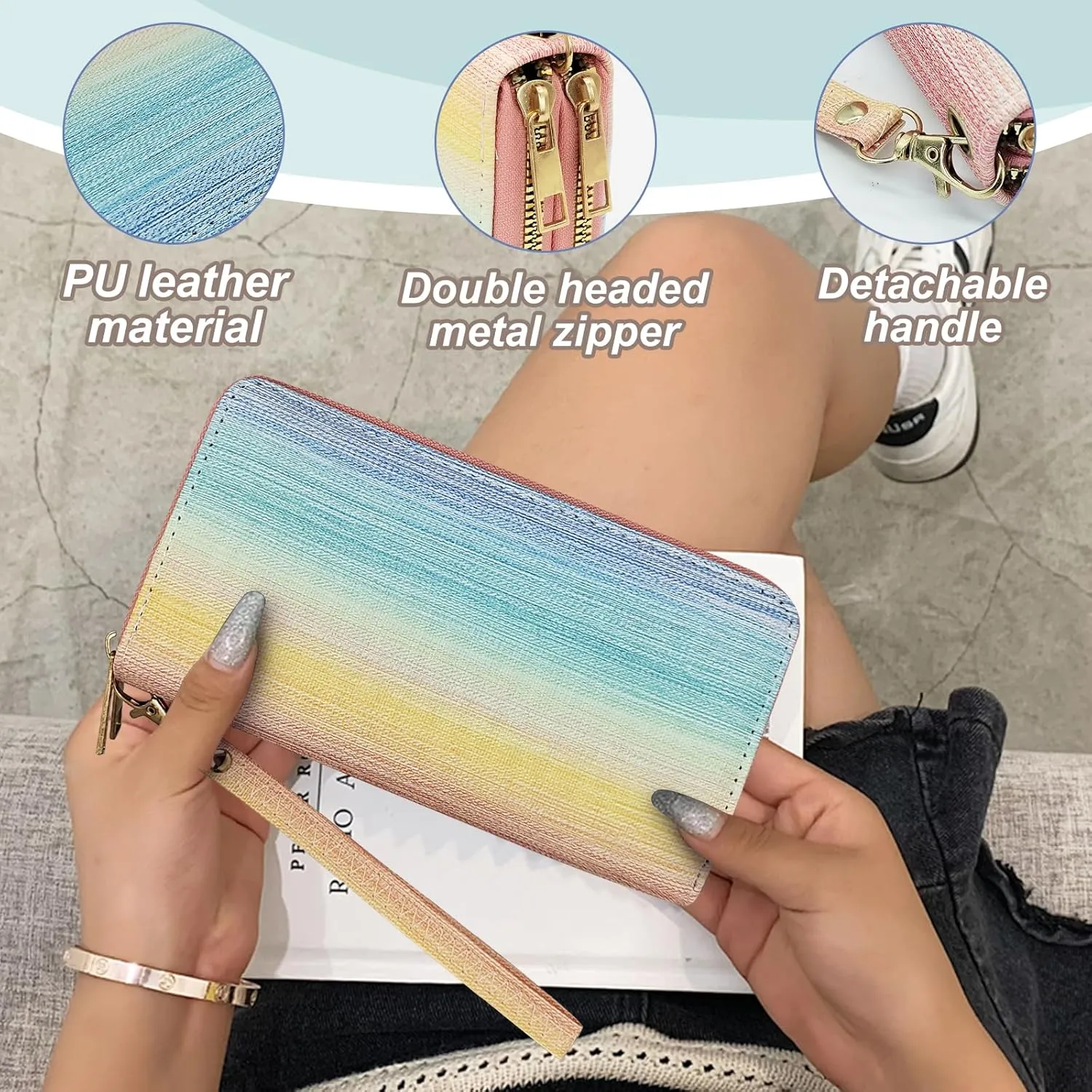 Clutch Wallet for Women, Gradient Color Multi Slot Women's Wallet with Double Zippers and Detachable Wristband