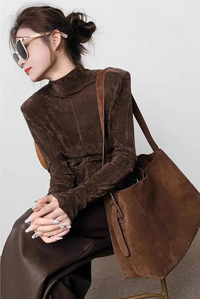Coffee Suede Leather Tote Bag