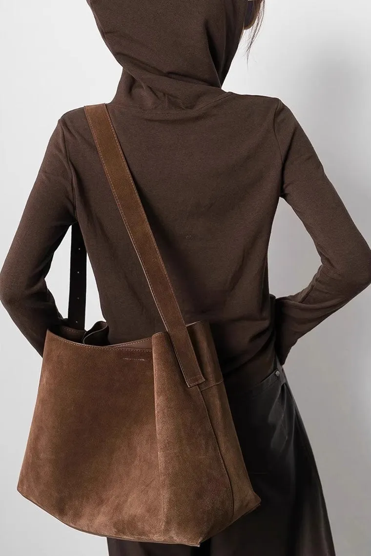 Coffee Suede Leather Tote Bag