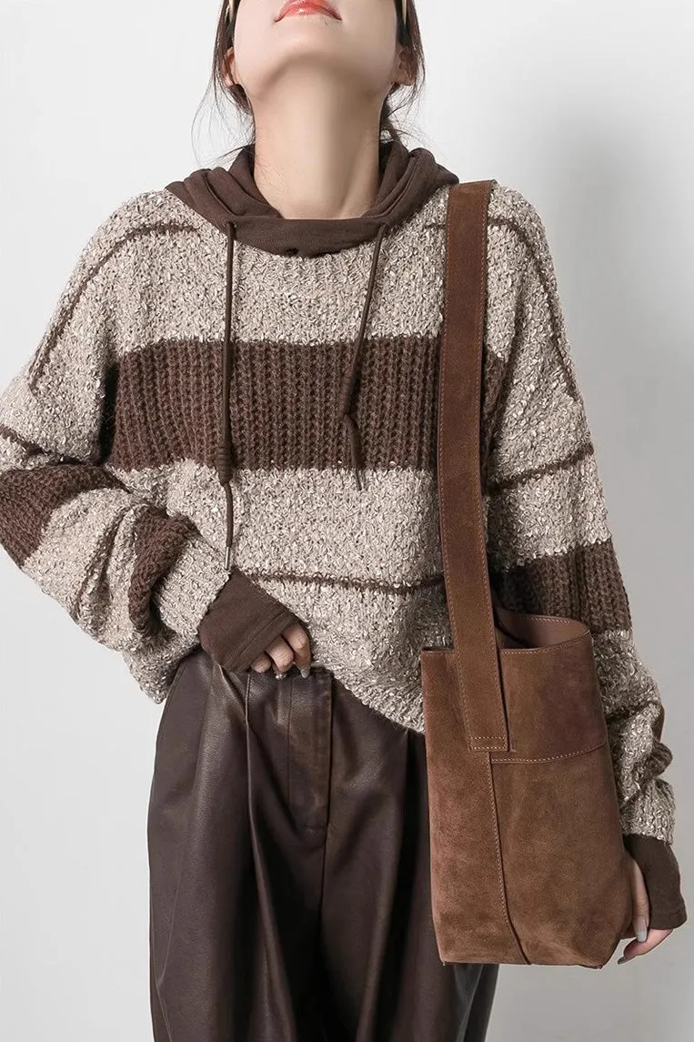 Coffee Suede Leather Tote Bag