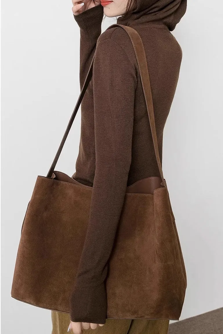 Coffee Suede Leather Tote Bag