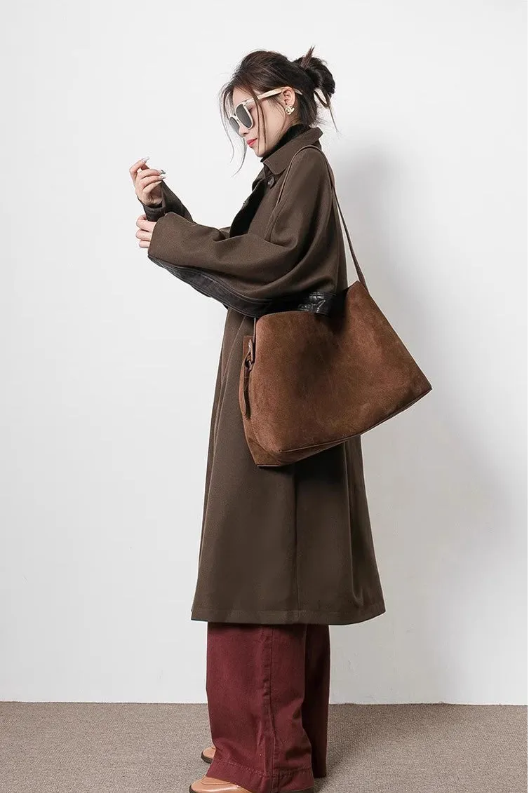 Coffee Suede Leather Tote Bag