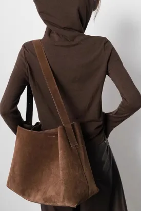 Coffee Suede Leather Tote Bag