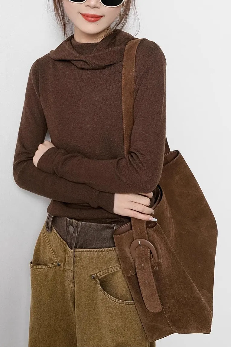 Coffee Suede Leather Tote Bag