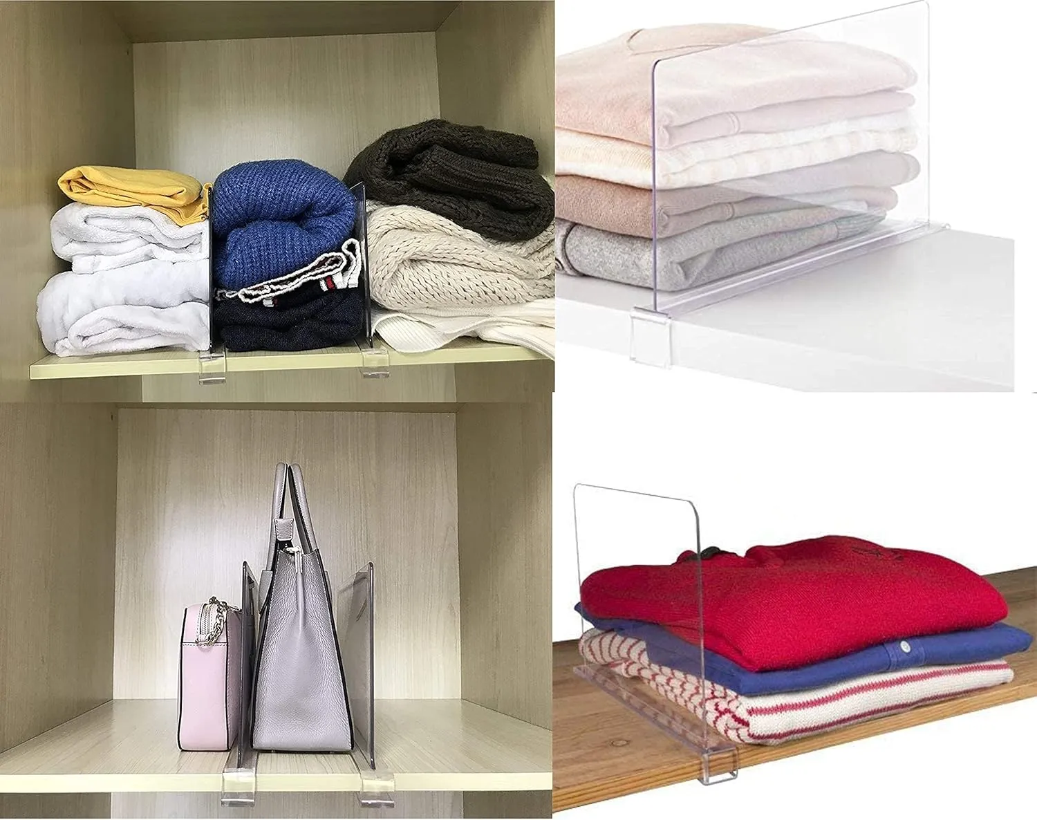 Cq acrylic Shelf Dividers for Closet Organization - 4 Pack Closet Shelf Organizer for Wood Cupboard,Shelves - T Shirt,Bag,Purse Dividers,Handbag Organizer,Plastic Shelf Separators for Sweater,Tshirt
