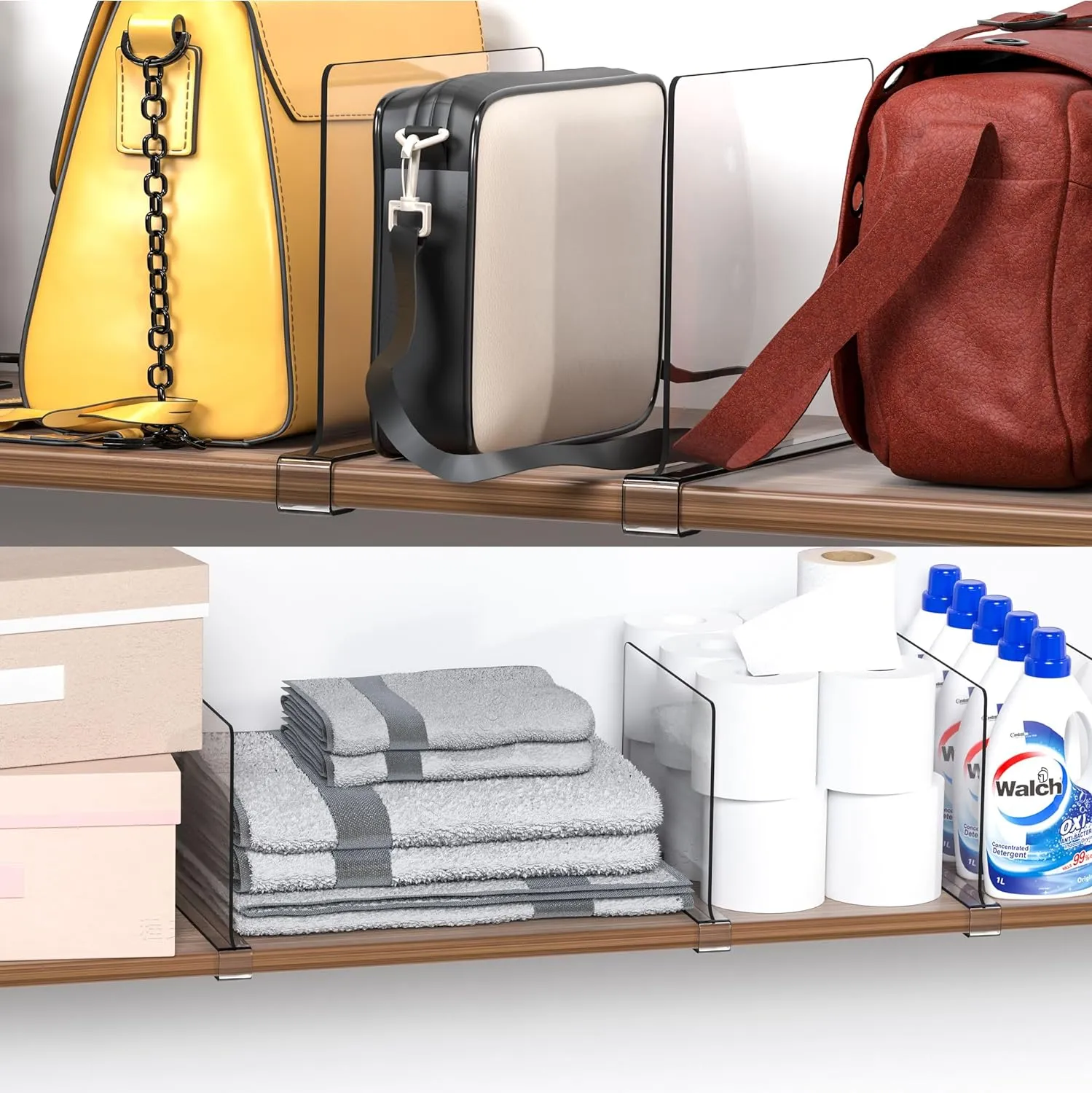 Cq acrylic Shelf Dividers for Closet Organization - 4 Pack Closet Shelf Organizer for Wood Cupboard,Shelves - T Shirt,Bag,Purse Dividers,Handbag Organizer,Plastic Shelf Separators for Sweater,Tshirt