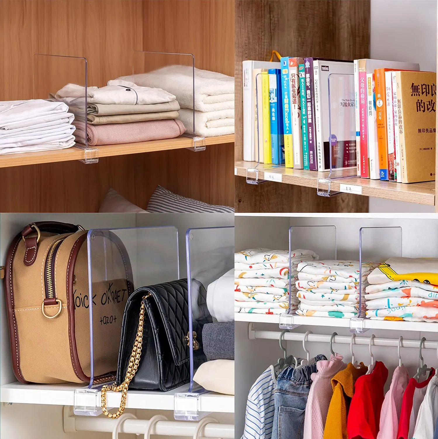 Cq acrylic Shelf Dividers for Closet Organization - 4 Pack Closet Shelf Organizer for Wood Cupboard,Shelves - T Shirt,Bag,Purse Dividers,Handbag Organizer,Plastic Shelf Separators for Sweater,Tshirt