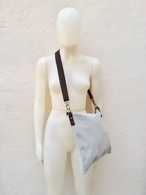 Cross body bag. BOHO suede leather bag in gray. Messenger bag in soft  genuine suede leather. Crossbody bag in gray suede.
