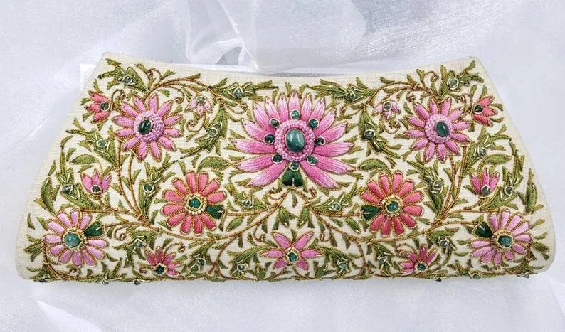 Embroidered Pink Floral Silk Clutch Bag with Emeralds
