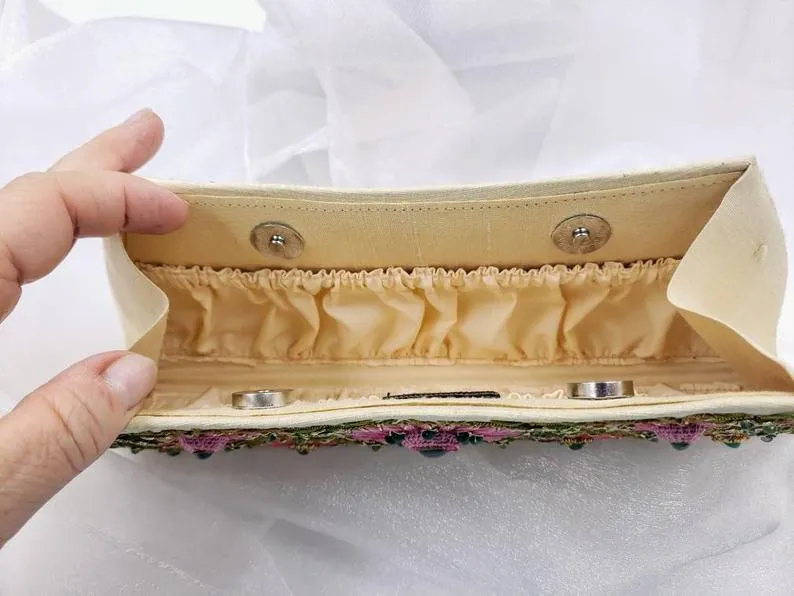 Embroidered Pink Floral Silk Clutch Bag with Emeralds