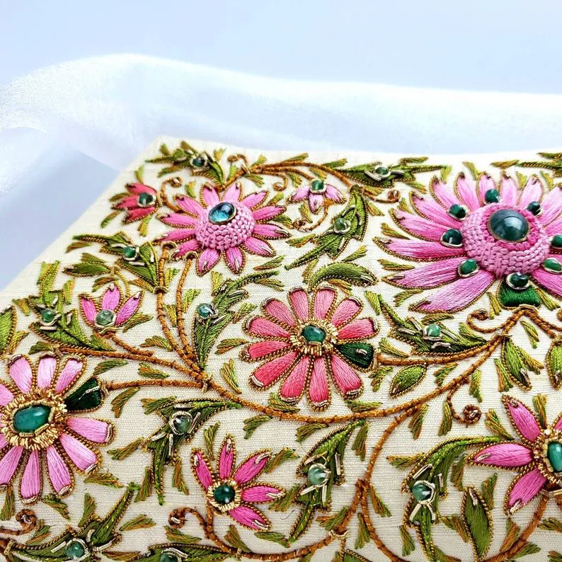 Embroidered Pink Floral Silk Clutch Bag with Emeralds