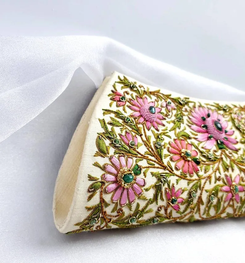 Embroidered Pink Floral Silk Clutch Bag with Emeralds