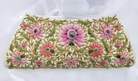 Embroidered Pink Floral Silk Clutch Bag with Emeralds
