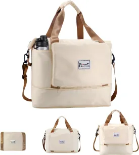 Foldable Travel Duffle Bag with Multiple Pockets, 40L Expandable Weekender Bag for Women, Overnight Carry On Gym Tote with Water Bottle Holder (Beige)