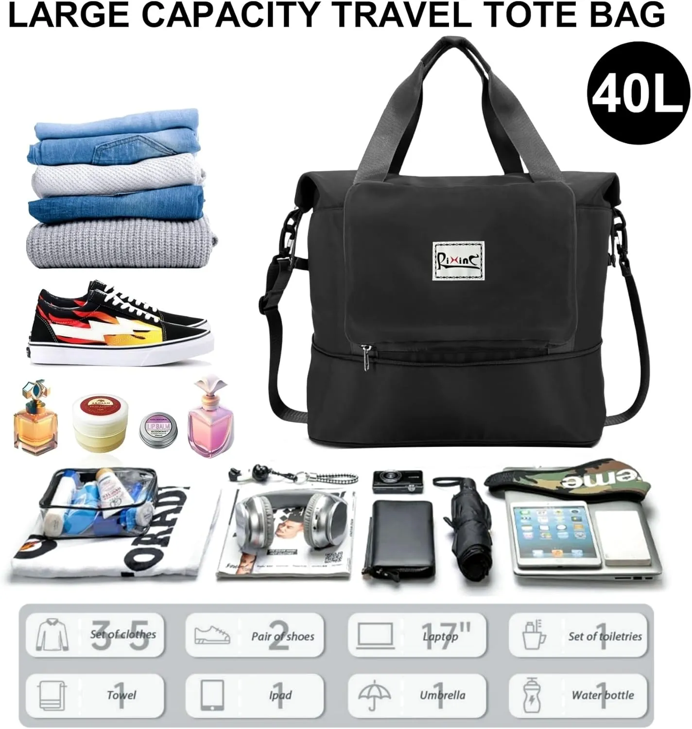 Foldable Travel Duffle Bag with Multiple Pockets, 40L Expandable Weekender Bag for Women, Overnight Carry On Gym Tote with Water Bottle Holder (Black)