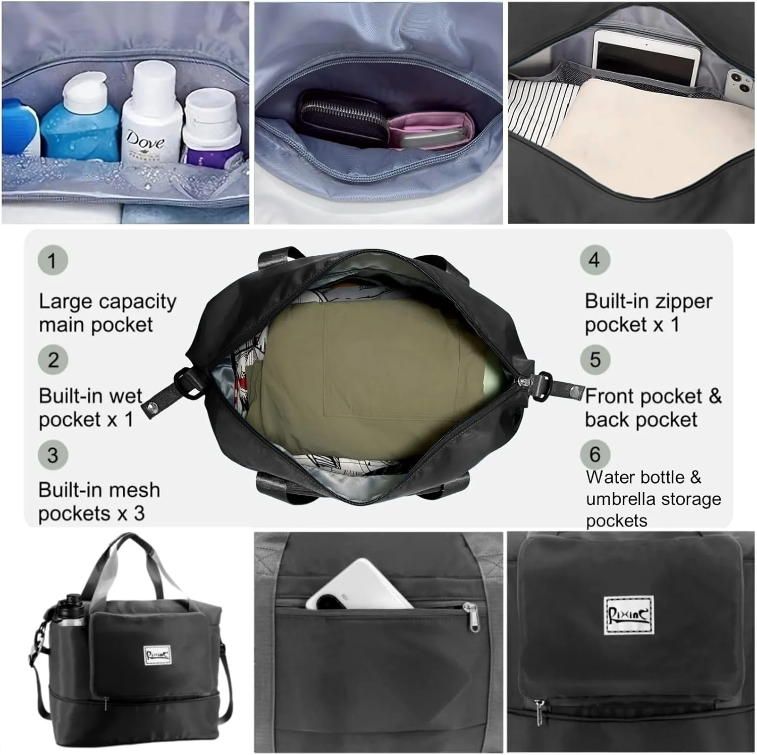 Foldable Travel Duffle Bag with Multiple Pockets, 40L Expandable Weekender Bag for Women, Overnight Carry On Gym Tote with Water Bottle Holder (Black)