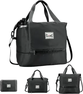 Foldable Travel Duffle Bag with Multiple Pockets, 40L Expandable Weekender Bag for Women, Overnight Carry On Gym Tote with Water Bottle Holder (Black)
