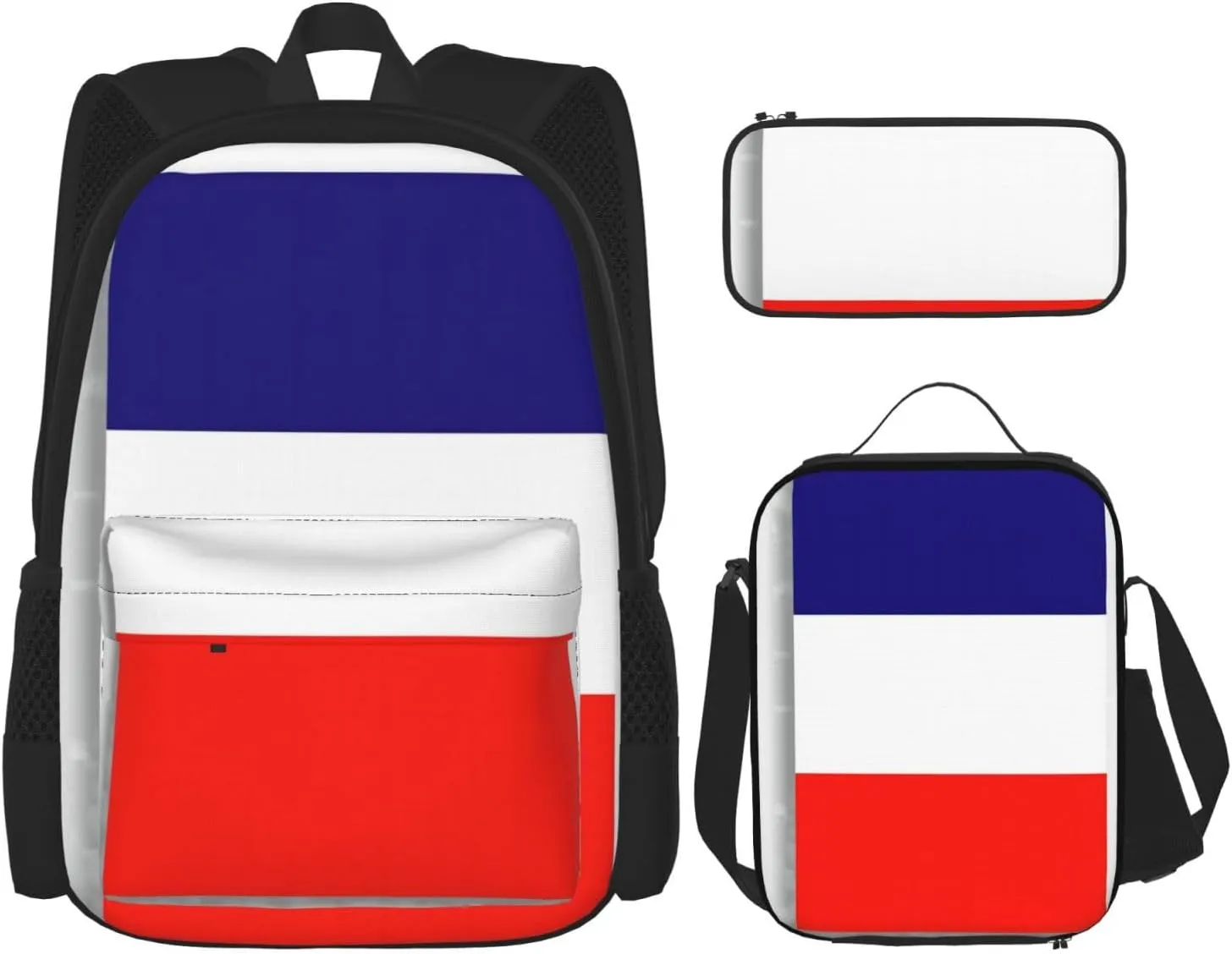 French Flag Print Pencil Case Lightweight Casual Fashion Backpack Lunch Bag Large Capacity Travel Bag