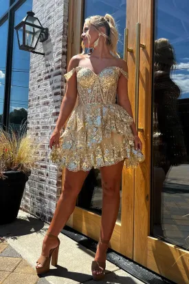 Gold Off the Shoulder Sequin Lace Ruffle Tiered A-Line Homecoming Dresses VK24091104
