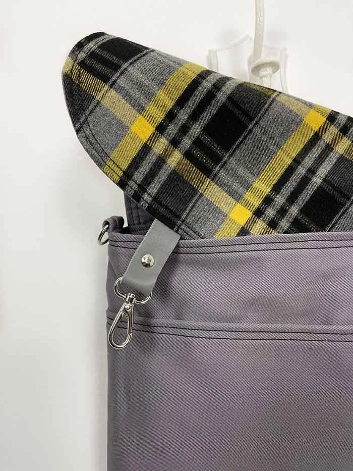 Gray Square Design Flap Backpack made from canvas fabric and Wool Flap