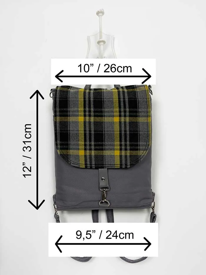 Gray Square Design Flap Backpack made from canvas fabric and Wool Flap