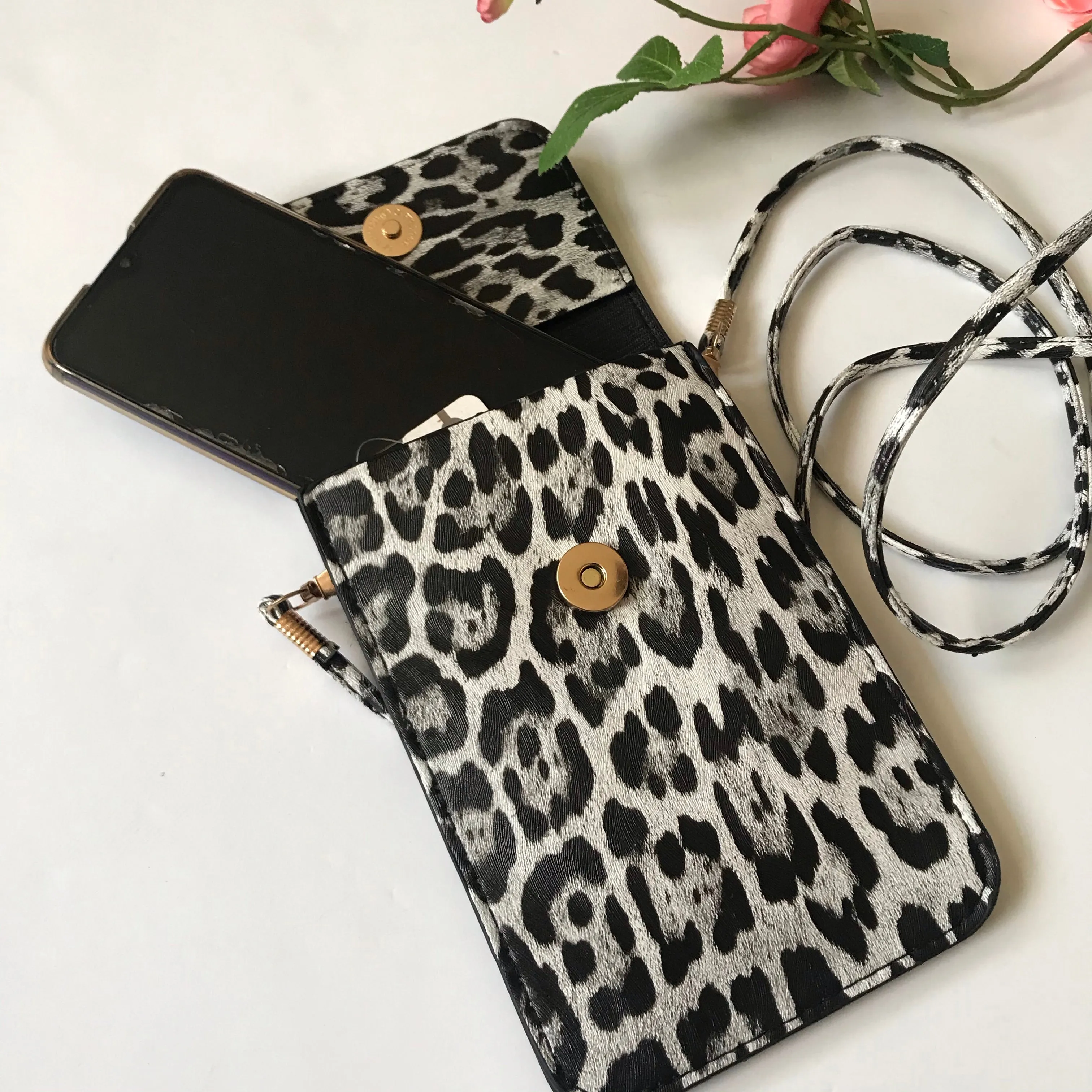 Grey black Leopard Print Cell Phone Crossbody bag
