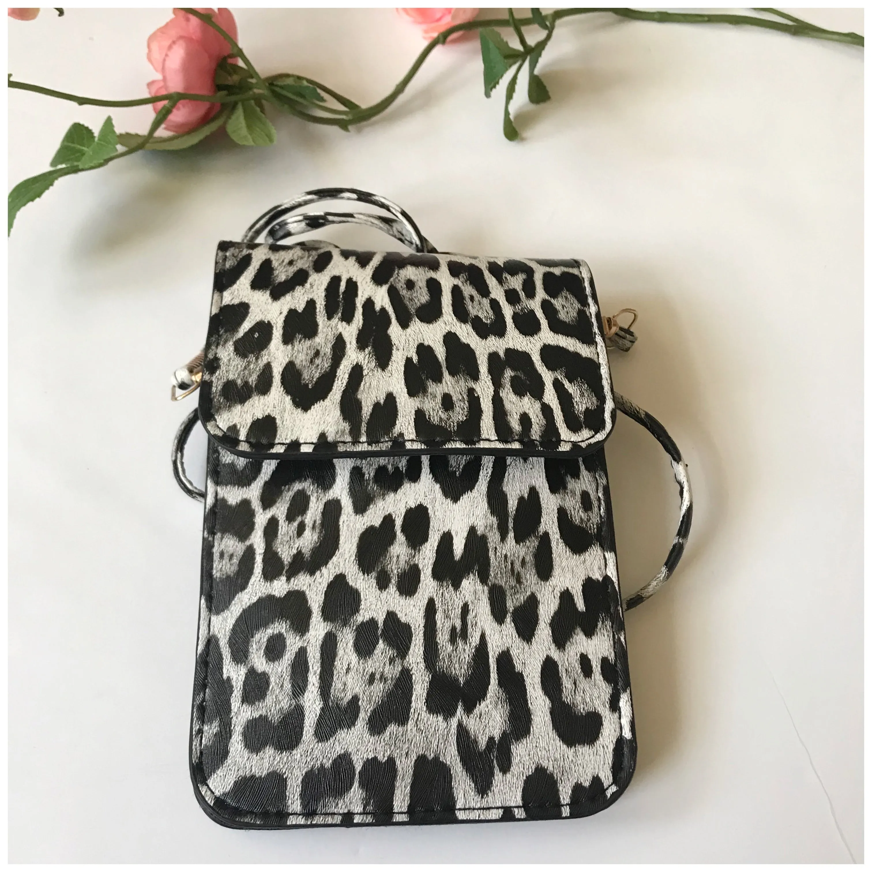 Grey black Leopard Print Cell Phone Crossbody bag