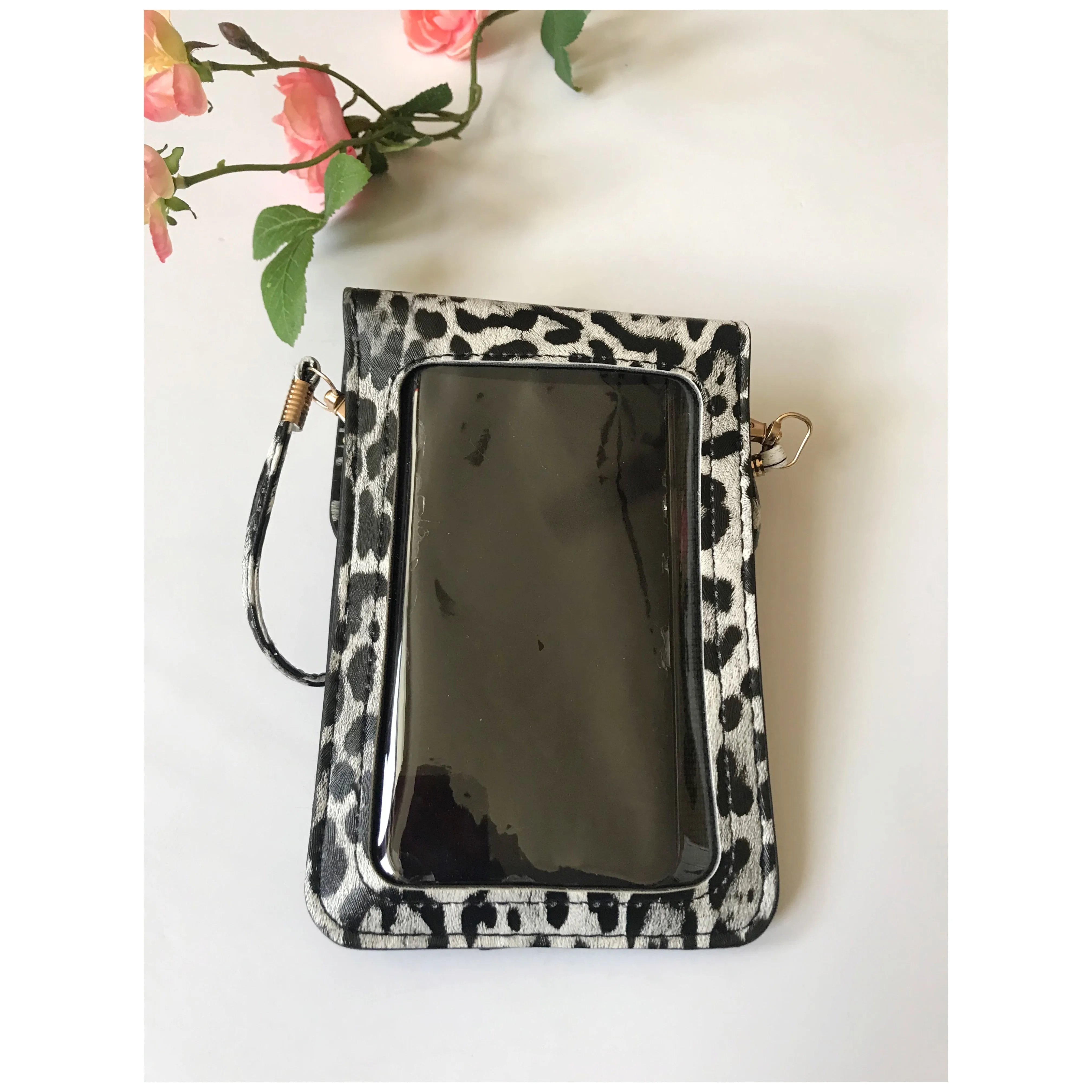 Grey black Leopard Print Cell Phone Crossbody bag