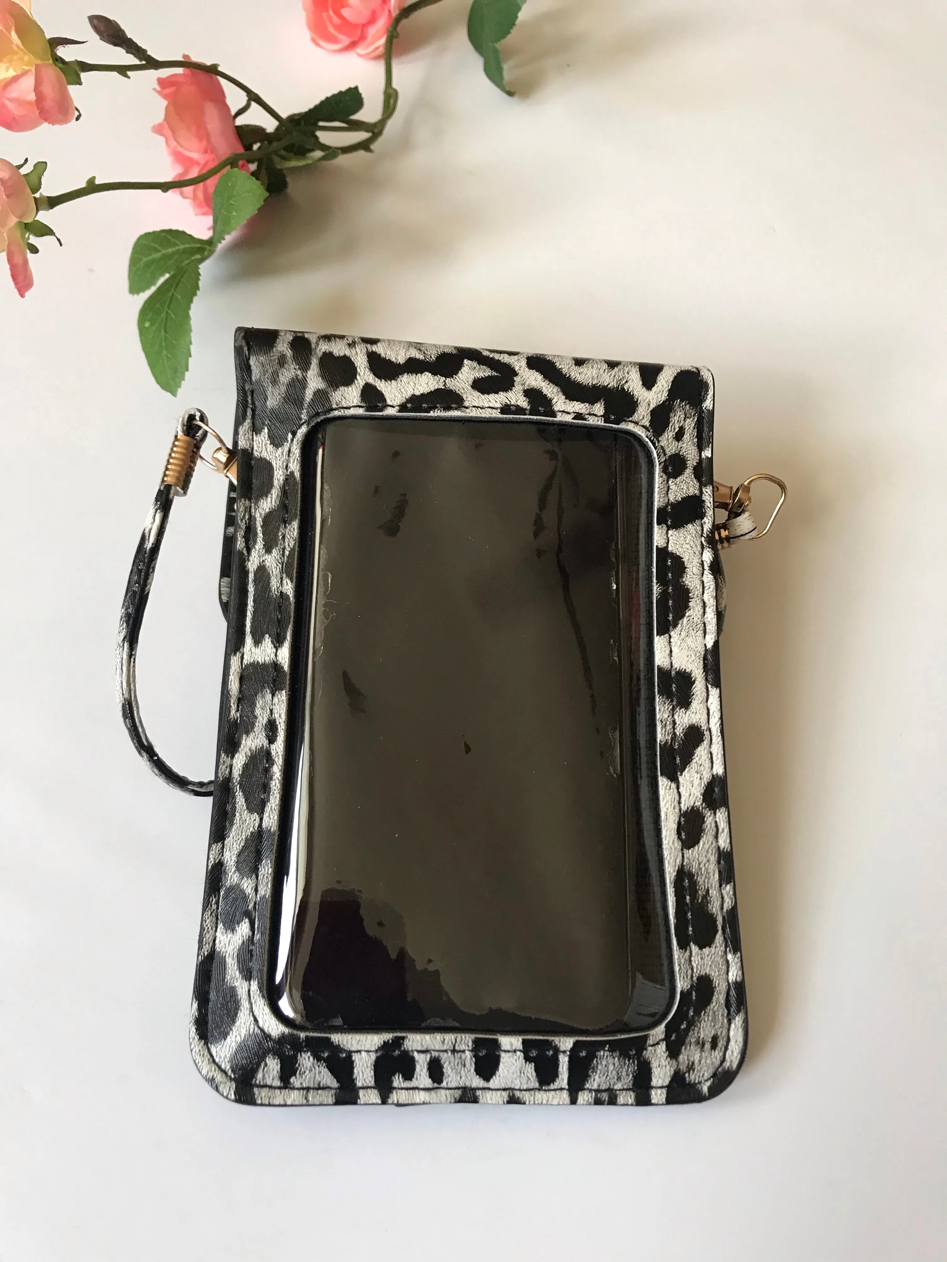 Grey black Leopard Print Cell Phone Crossbody bag