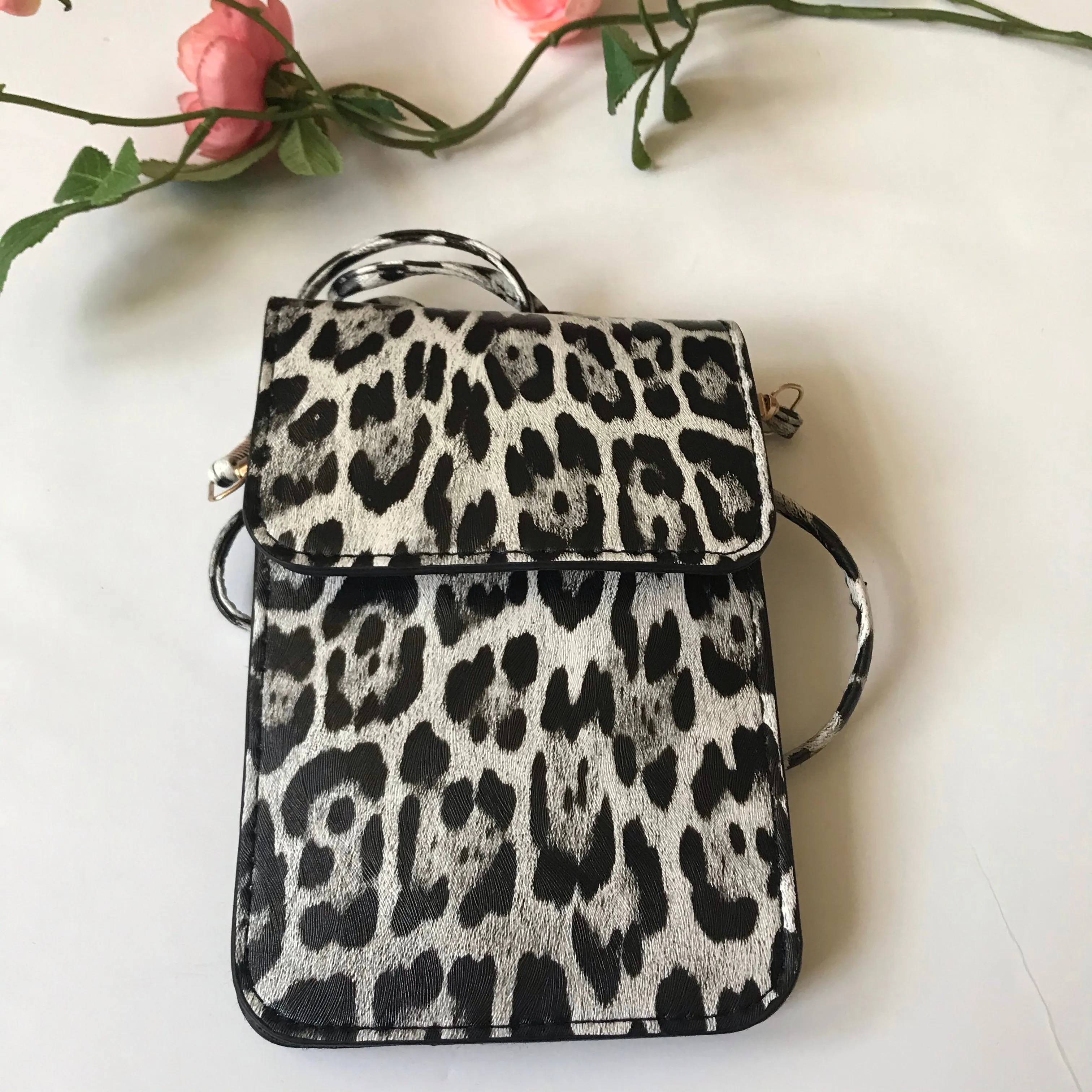 Grey black Leopard Print Cell Phone Crossbody bag