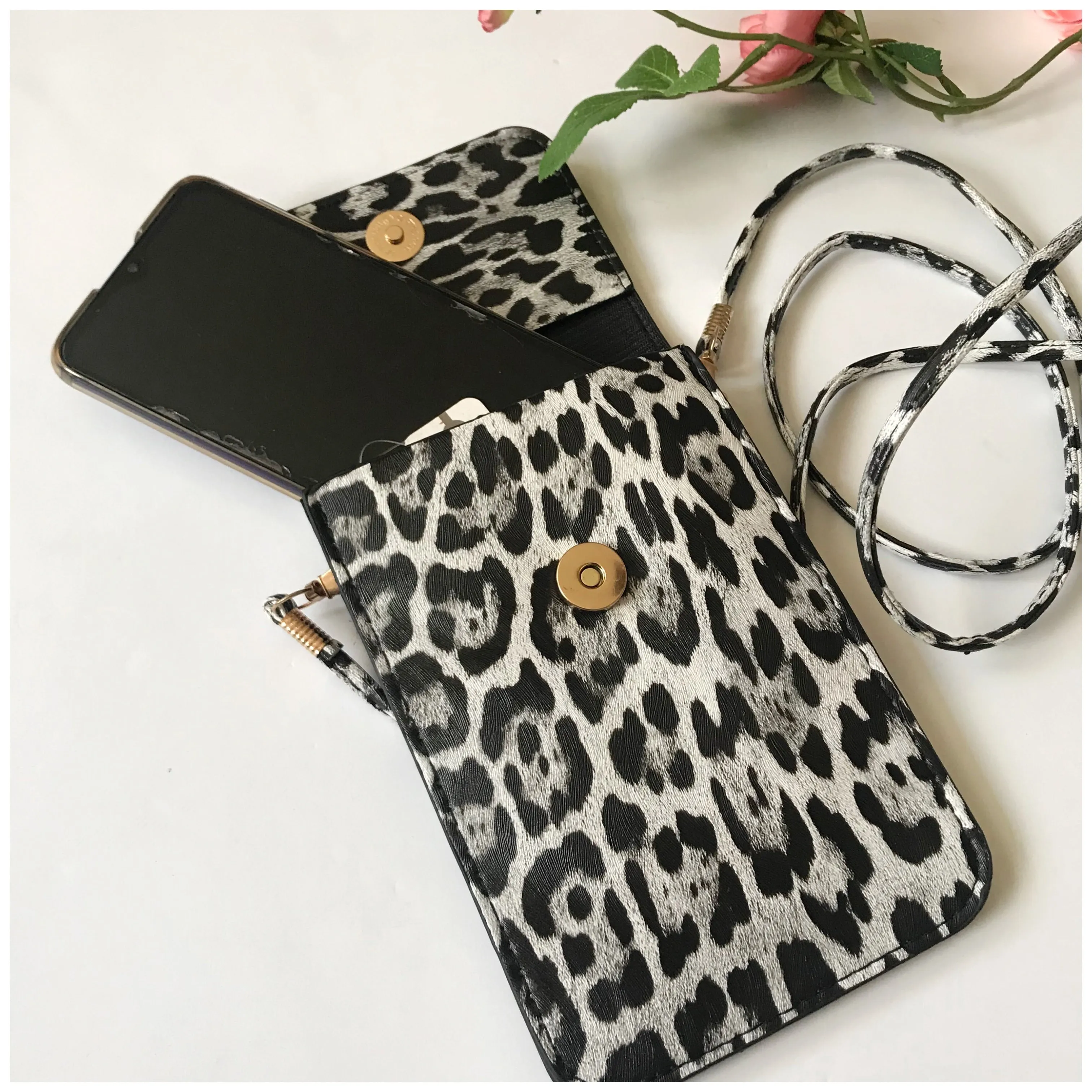 Grey black Leopard Print Cell Phone Crossbody bag