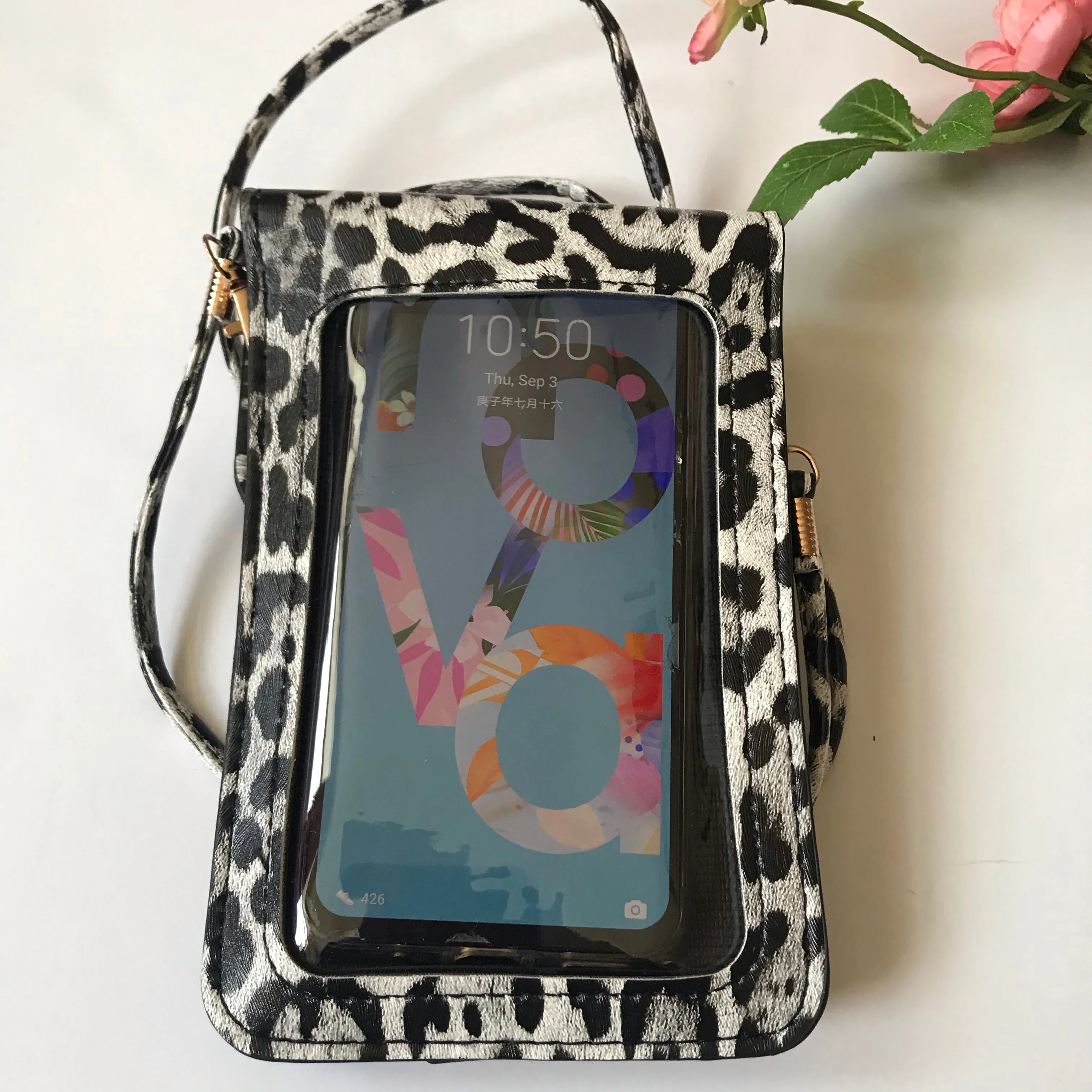 Grey black Leopard Print Cell Phone Crossbody bag