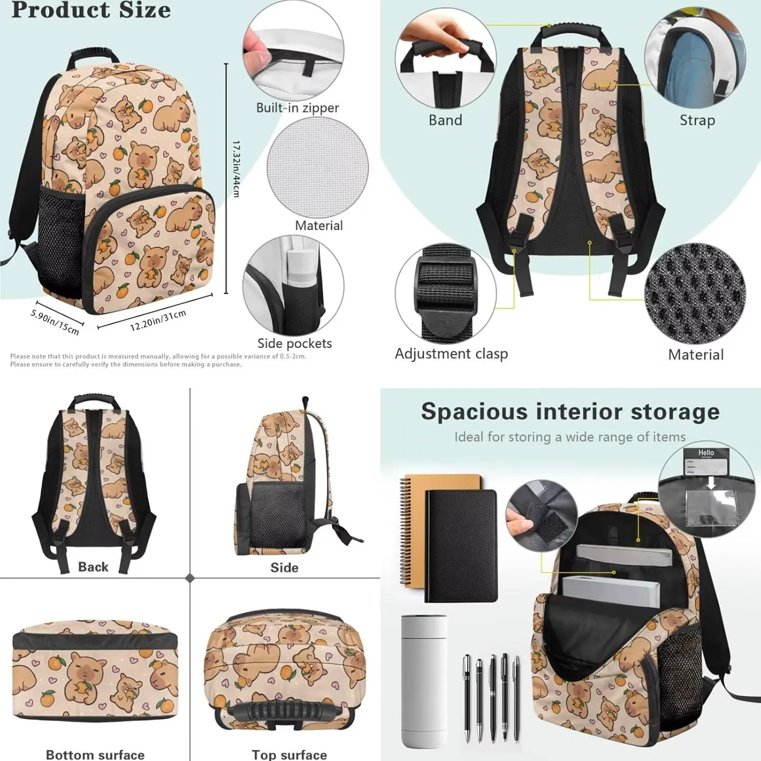 HUGS IDEA Capybara Backpack for Girls Cute Backpack with Lunch Box Set of 4 Pcs Girls School Bag for Elementary Kindergarten Lightweight Kids Bookbag Pencil Case and Leather Bookmark
